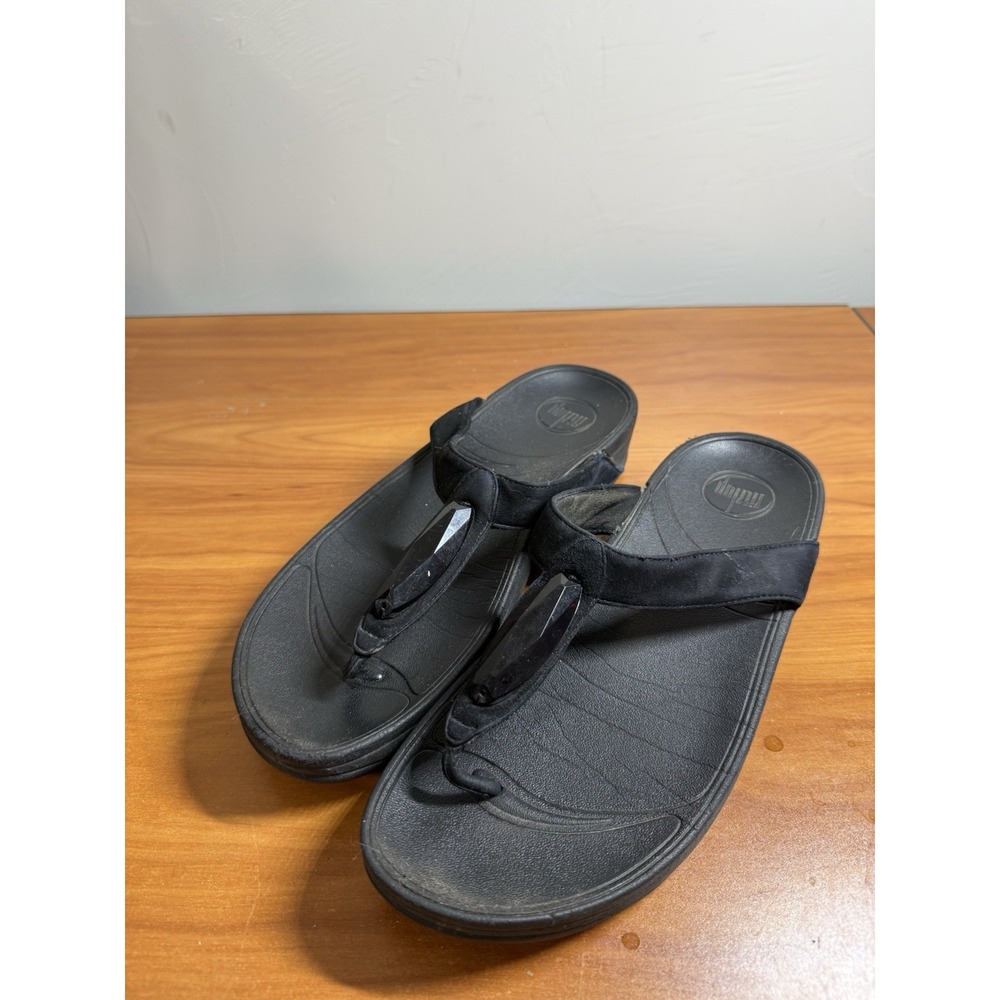 FitFlop Lunetta Jeweled Black Leather Thong Wedge Sandals Size 10